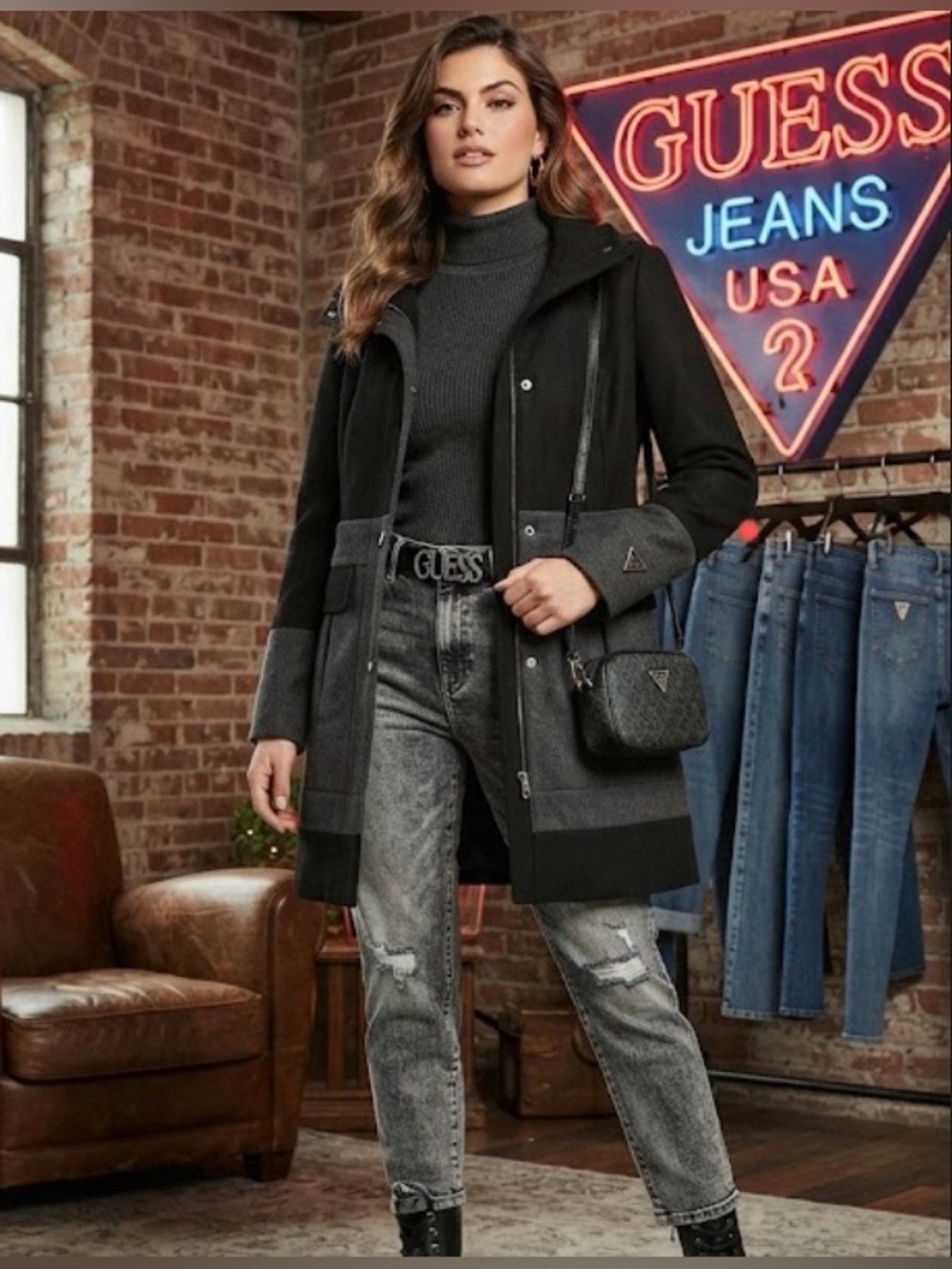 Guess Black and Gray Trench Coat